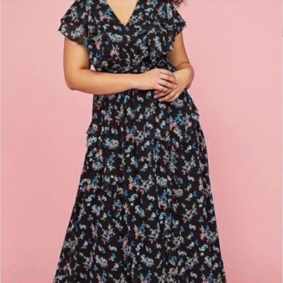 Lane Bryant Floral Maxi Dress Flutter Sleeves Black Blue Pink 14/16 - Picture 1 of 9
